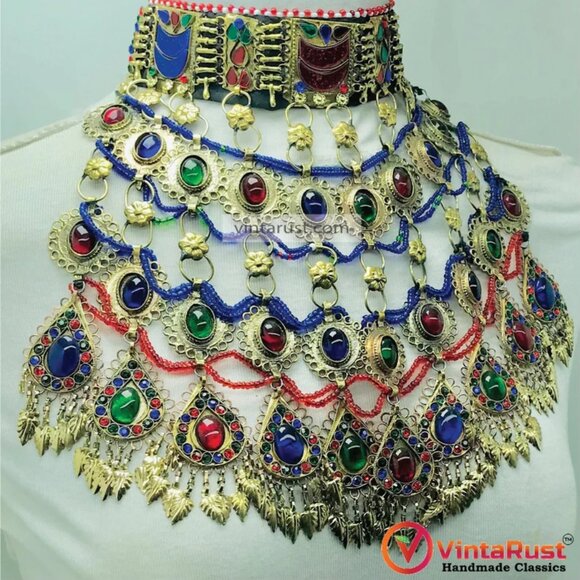 Multicolor Big Unique Choker Necklace, Old Kuchi Afghan Choker Necklace - Picture 8 of 12